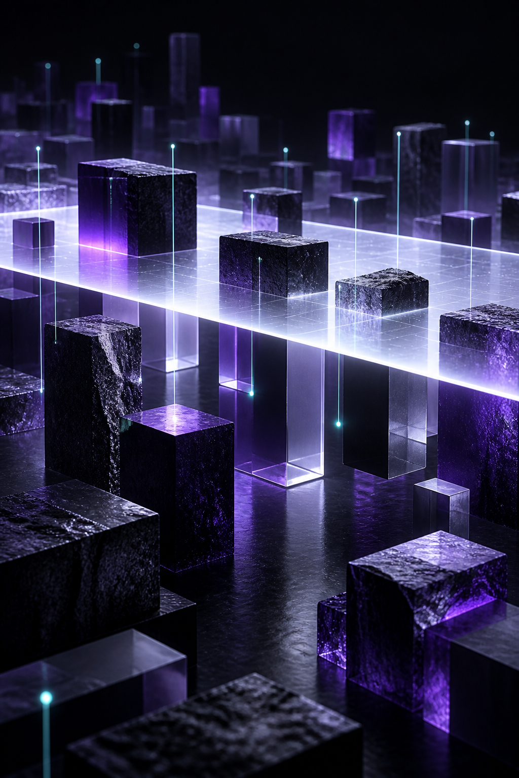 Champ abstrait de blocs traversé par un plan lumineux